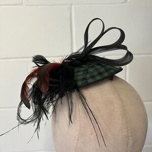 Vintage style tilt hat green check with feathers 1940’s styling millinery